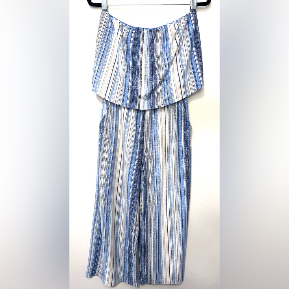 Be Pop' Strapless Popover Jumpsuit, Striped Blue and White, Size Small - Picture 2 of 5